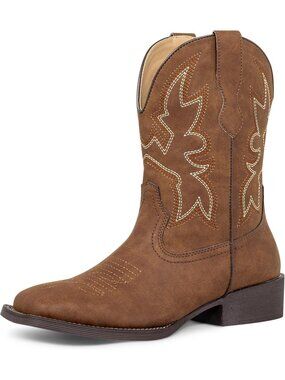 Women's Brown Cowgirl Boots Square Toe Western with Embroidery Chunky Heel